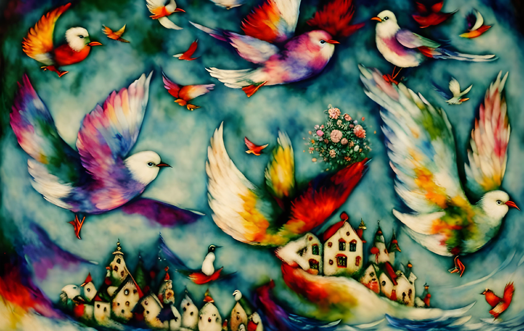 Colorful Birds Flying Over Whimsical Village in Painting