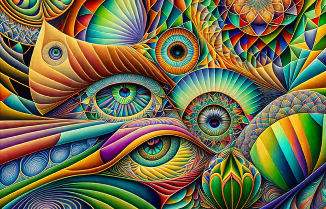 Colorful Psychedelic Artwork with Intricate Patterns and Multiple Eyes