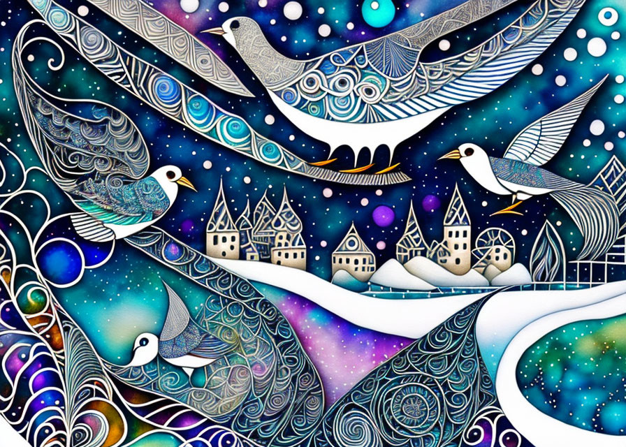 Colorful artwork featuring stylized birds flying over snow-covered houses with cosmic elements