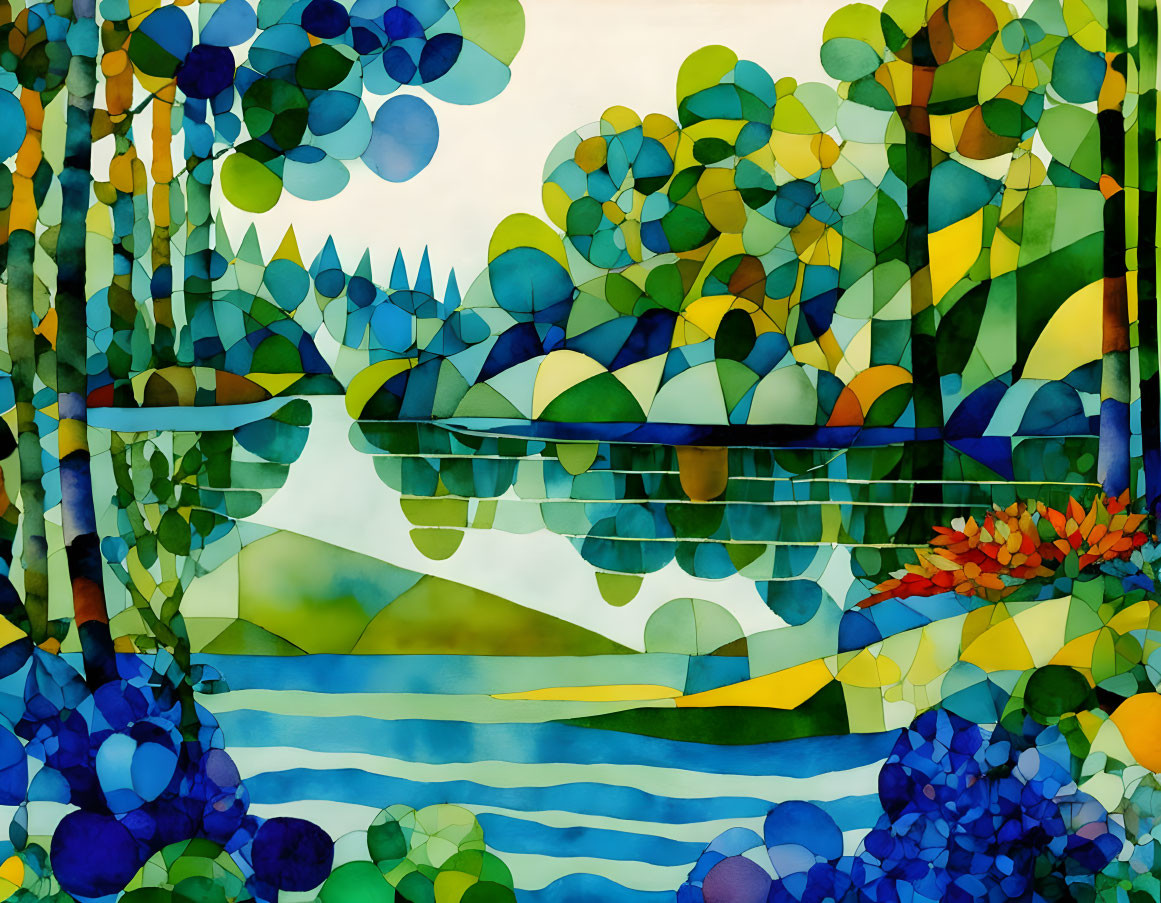 Vibrant Landscape Stained Glass Art in Blue, Green & Yellow