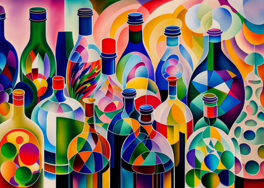 Vibrant Abstract Painting Featuring Bottles and Curved Shapes