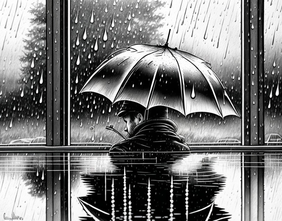 Monochrome image of person with umbrella in rain reflections