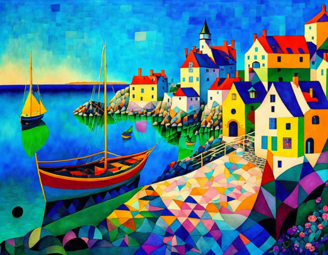 Vibrant coastal village painting with boats, geometric patterns, and lighthouse