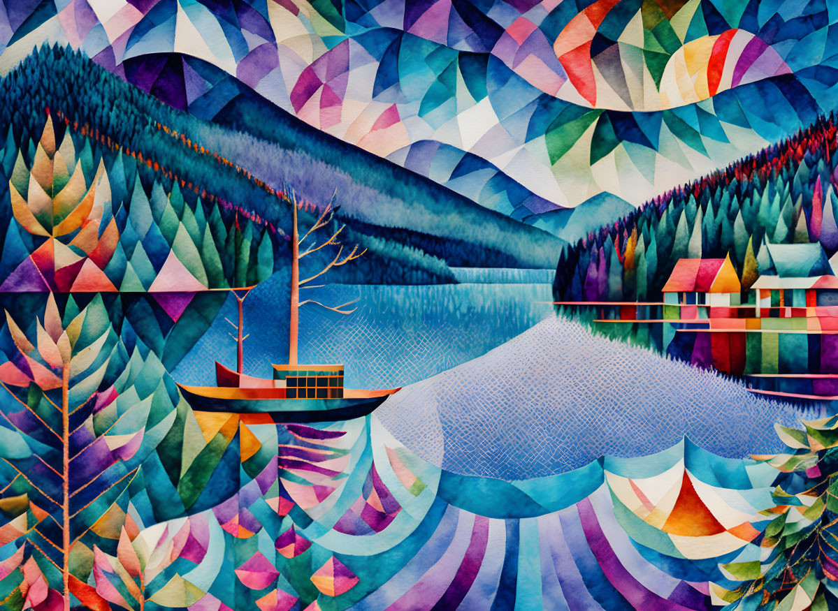 Vibrant geometric abstract landscape with trees, mountains, and water