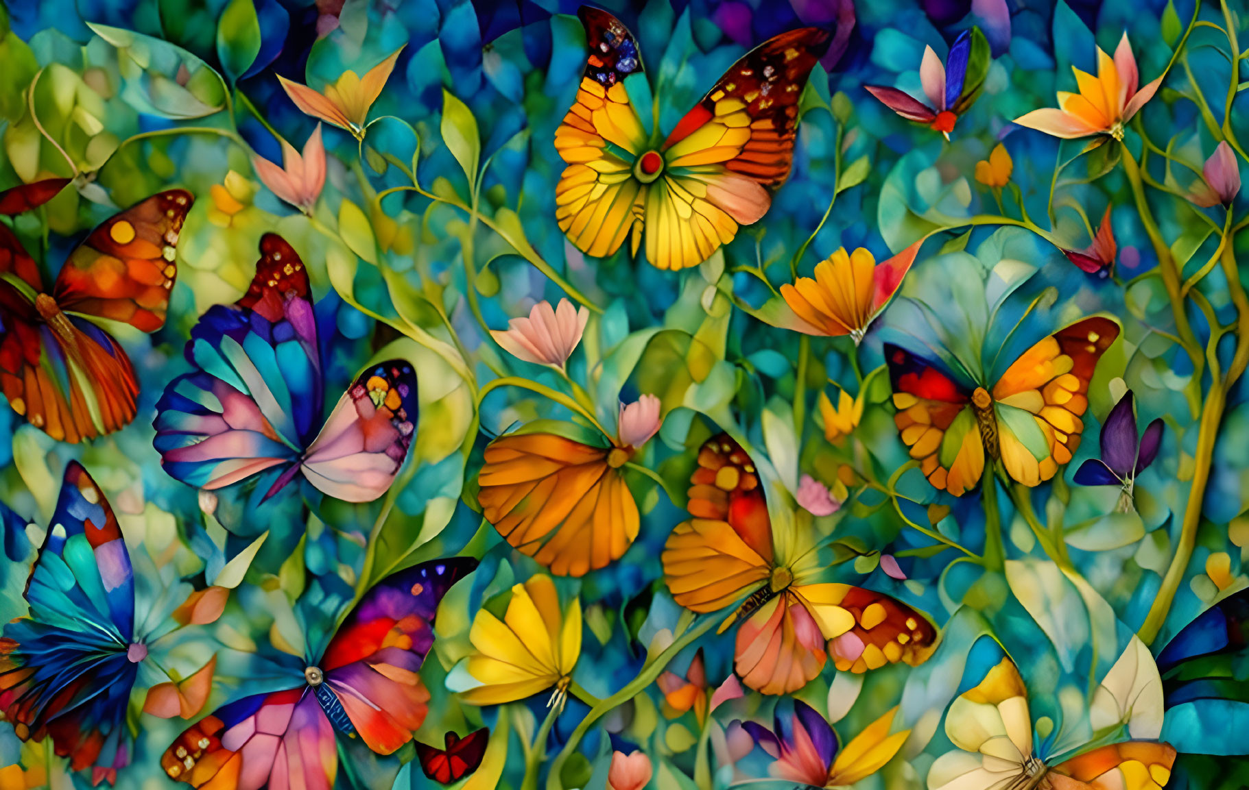 Colorful Butterflies Among Multicolored Flowers in Enchanting Garden