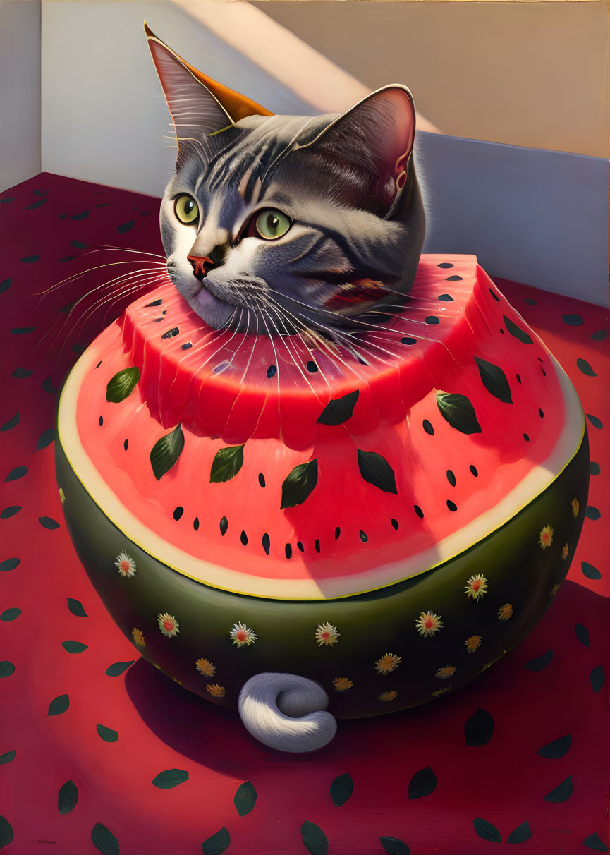 Surreal painting: Cat emerging from sliced watermelon