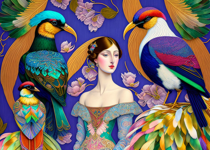 Fair-skinned woman with reddish-blonde hair amid vibrant birds and florals on blue.