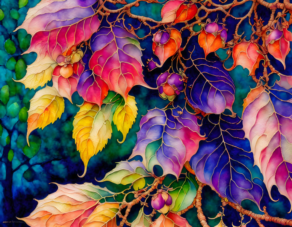 Colorful watercolor painting of leaves and fruits on dark background