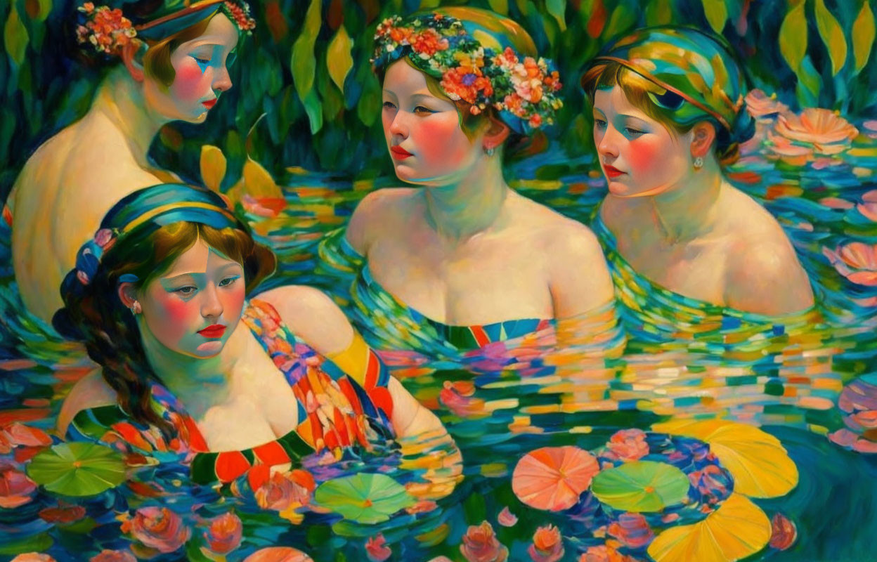 Four women adorned with flowers in vibrant water lily pond.