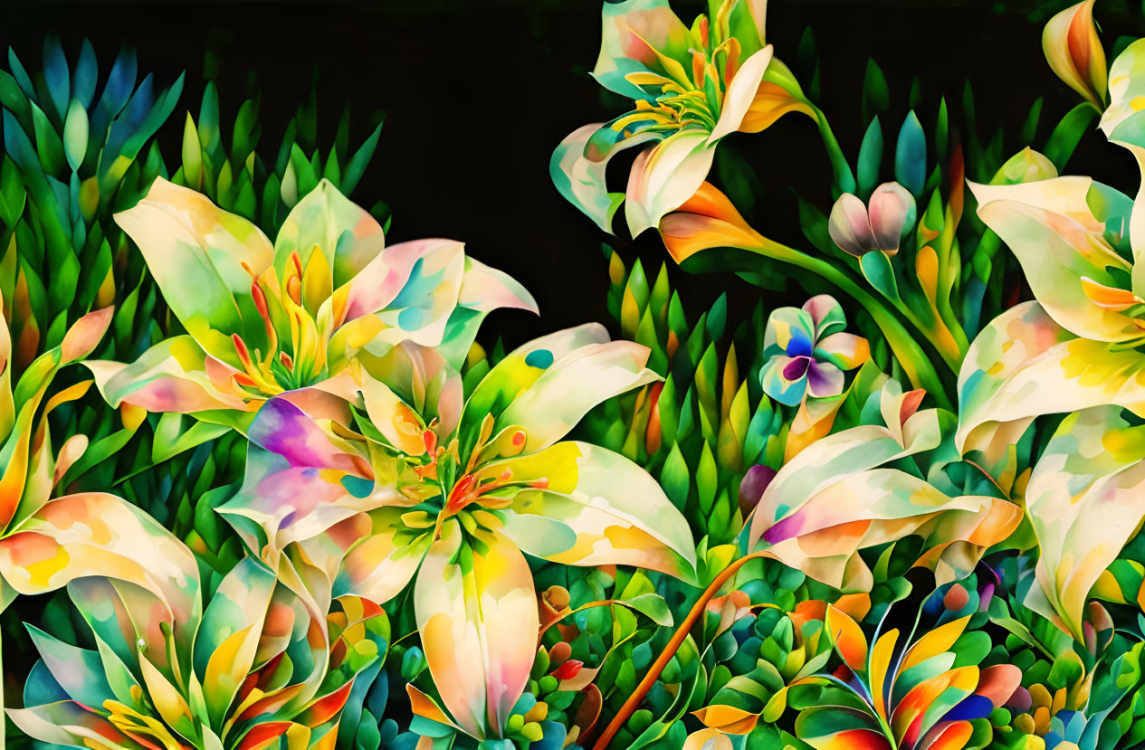 Colorful Stylized Flowers and Foliage on Rich Black Background