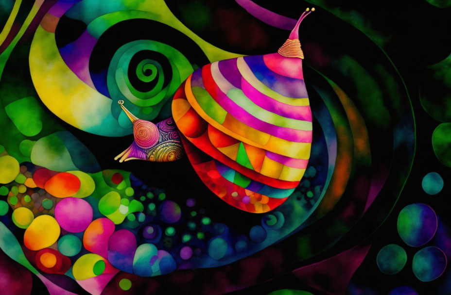 Colorful abstract painting: Two stylized snails with patterned shells amidst swirling shapes and bubbles