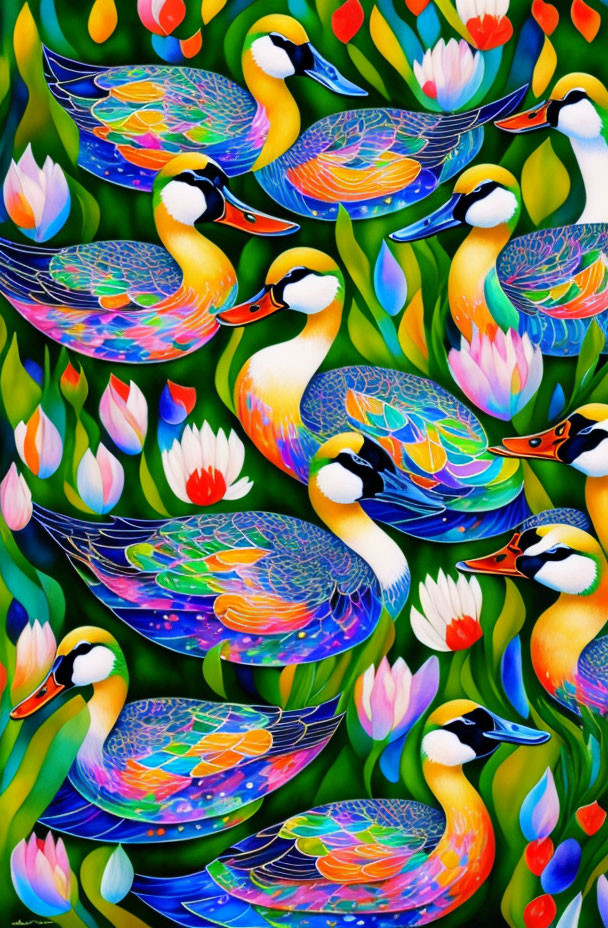 Colorful Duck Illustration with Lotus Flowers and Foliage