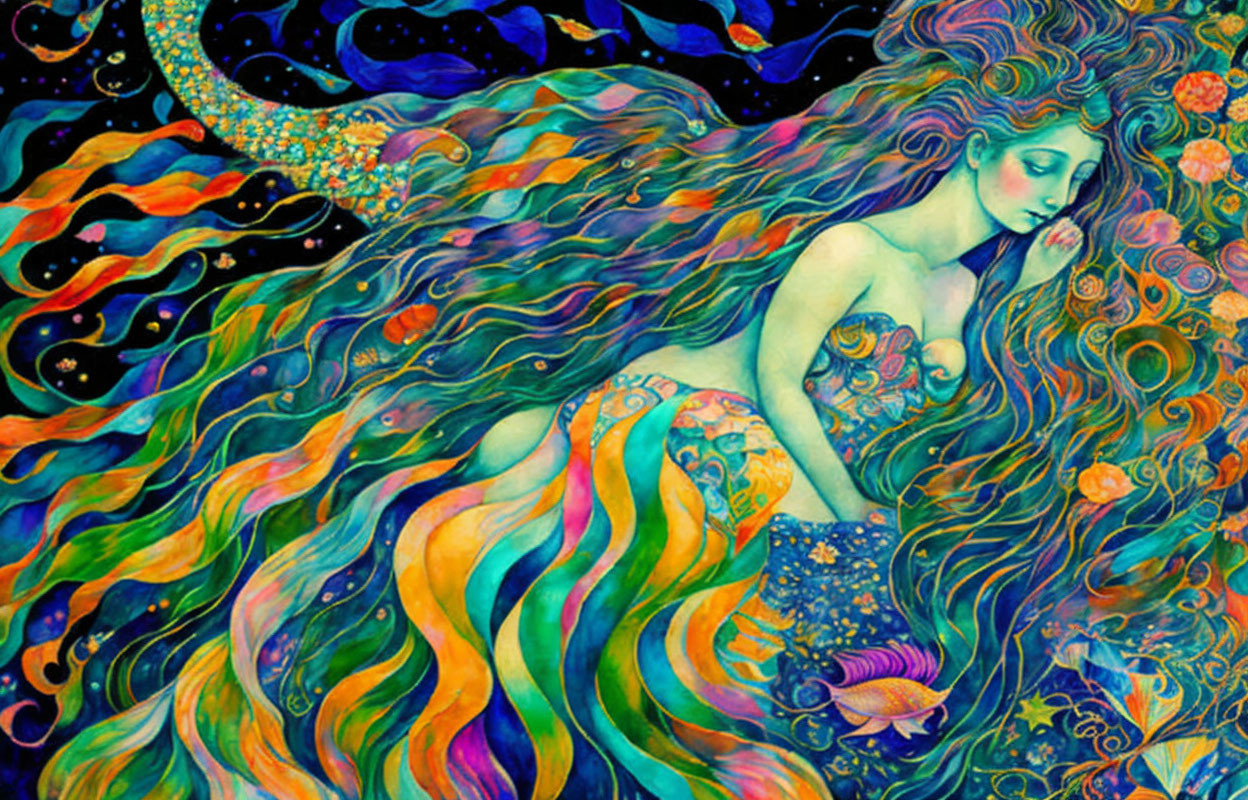 Colorful Mermaid Illustration with Cosmic and Underwater Elements