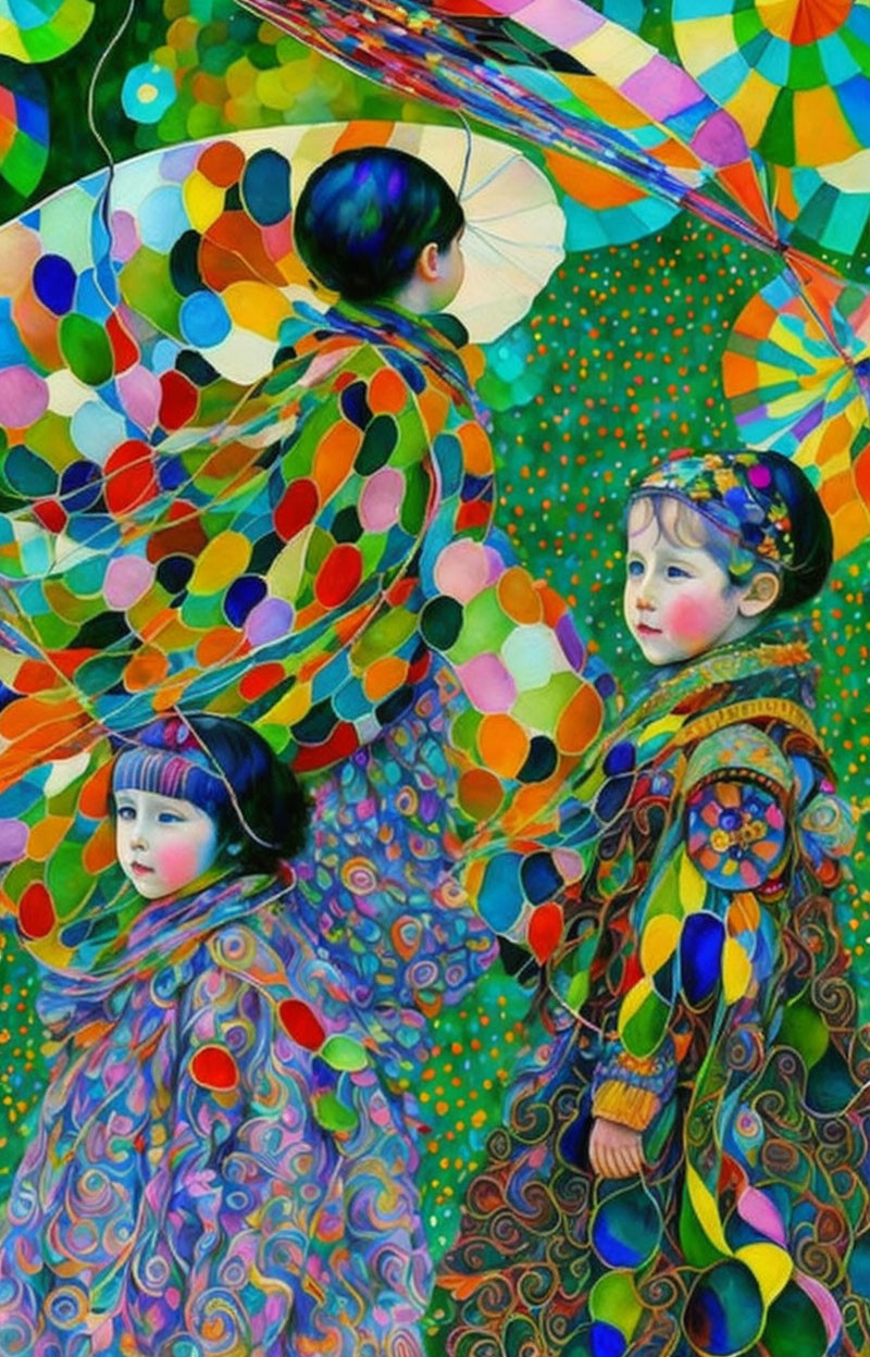 Vibrant mosaic umbrella with three children in patterned cloaks