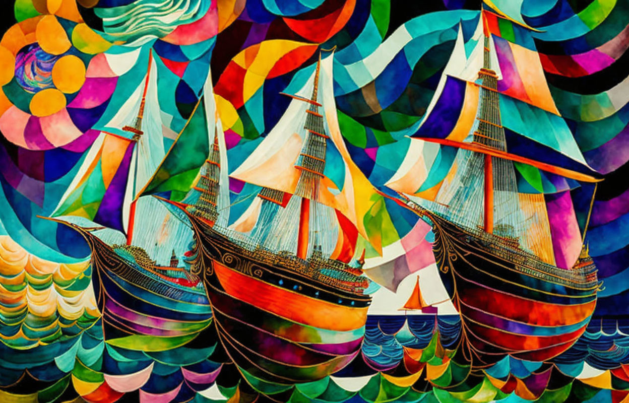 Colorful Abstract Painting: Sailing Ships on Patterned Sea
