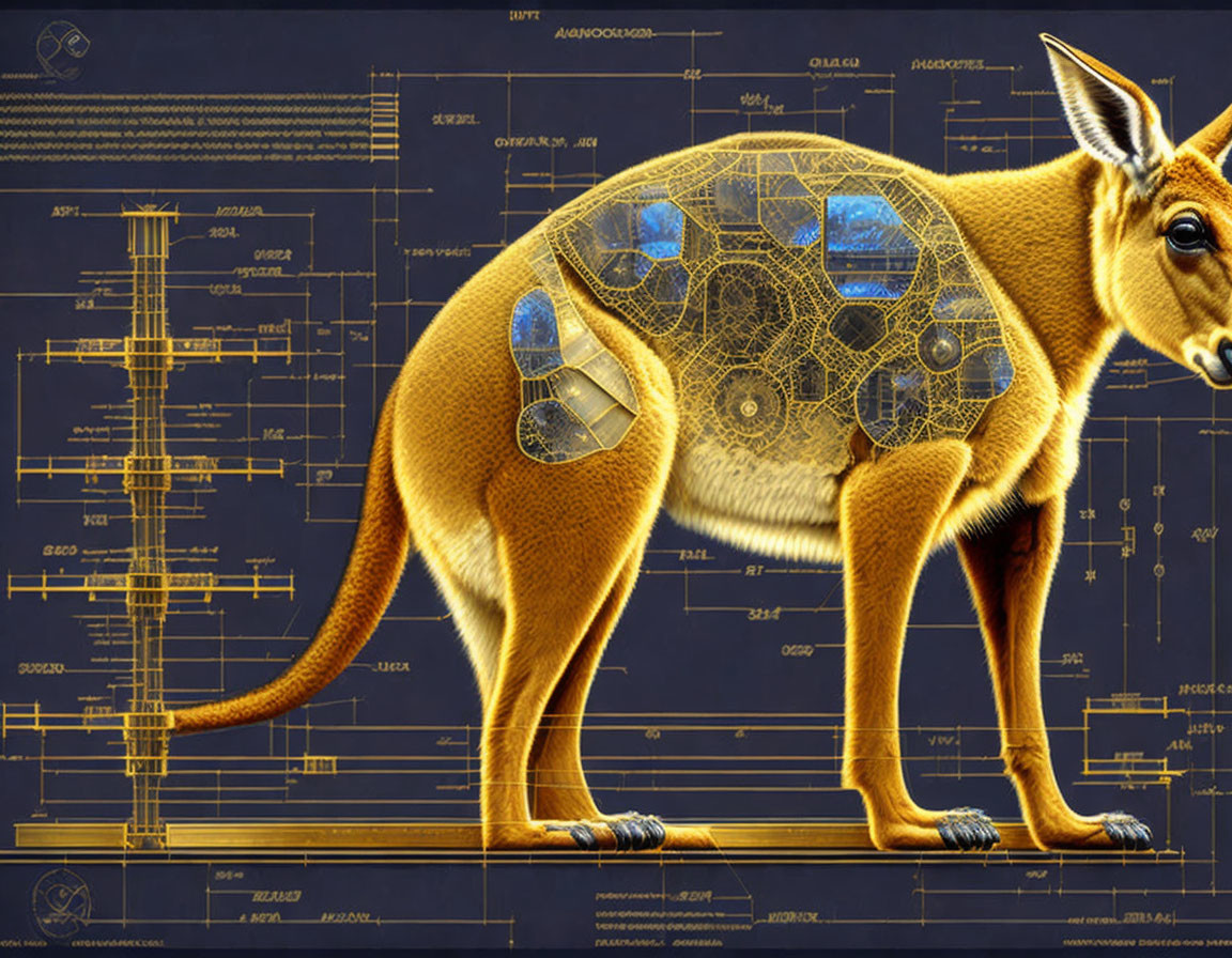 Cybernetic Kangaroo Illustration on Blueprint Background
