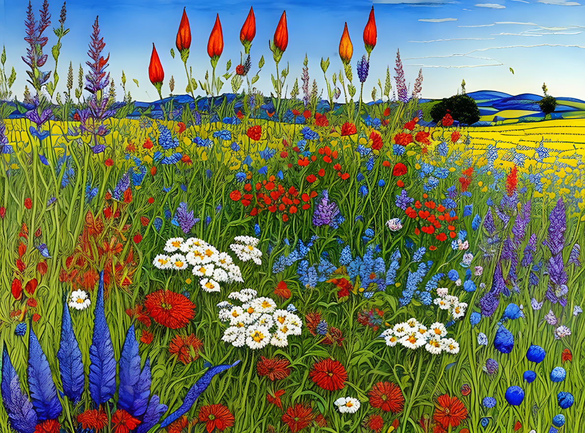 Colorful Wildflower Meadow Painting with Blue Skies and Rolling Hills