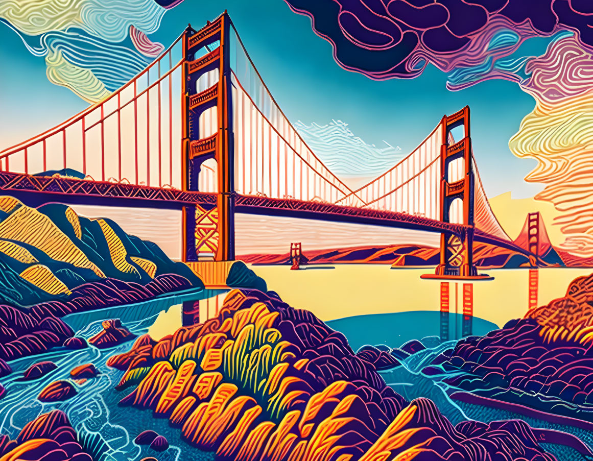 Colorful Golden Gate Bridge illustration with wavy water patterns and psychedelic clouds