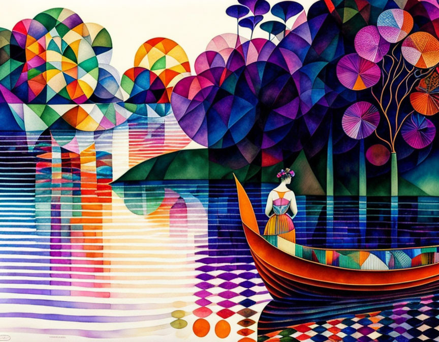 Colorful surreal landscape with geometric shapes and figure in boat