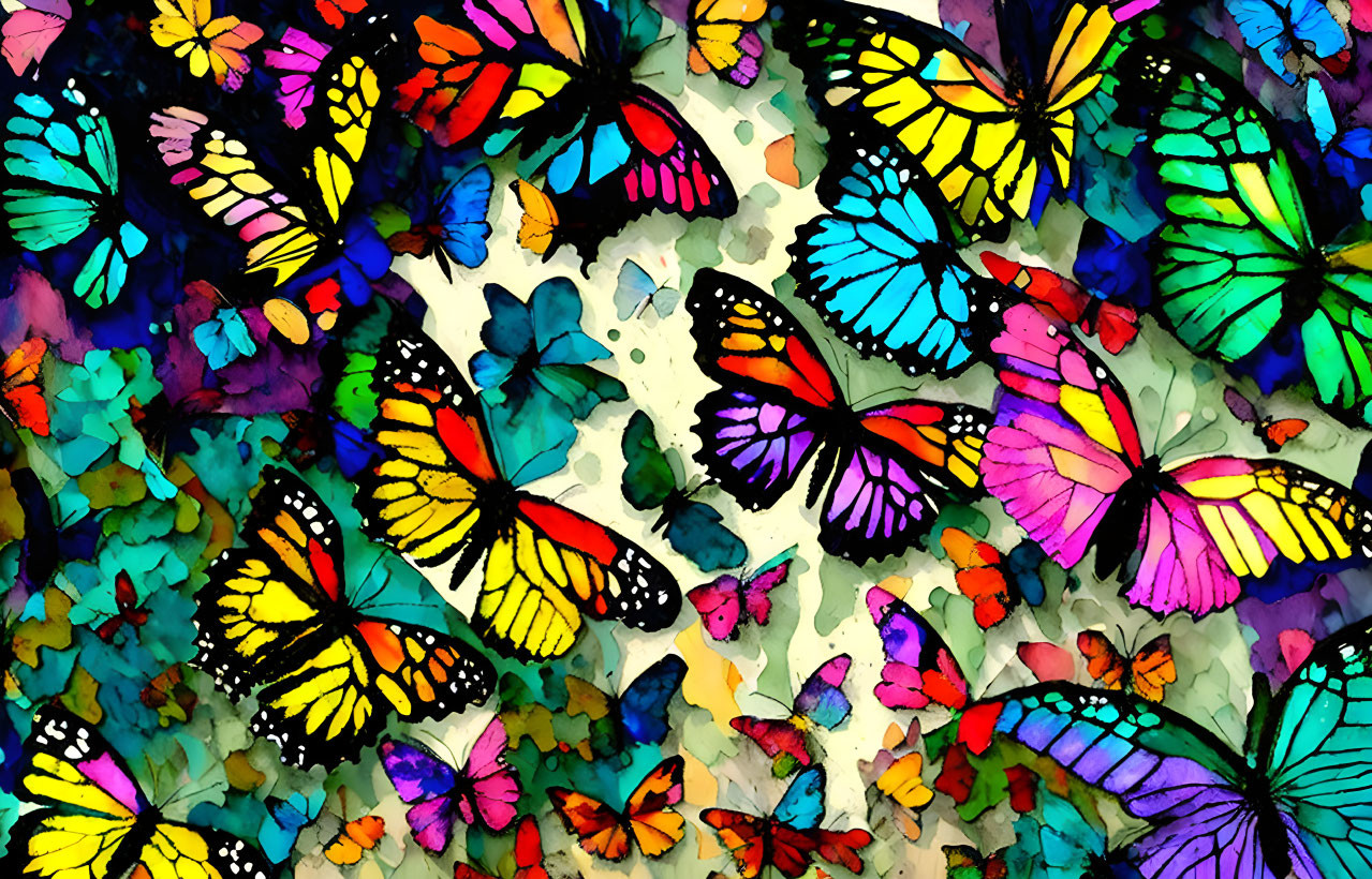 Multicolored butterflies with intricate patterns in watercolor style