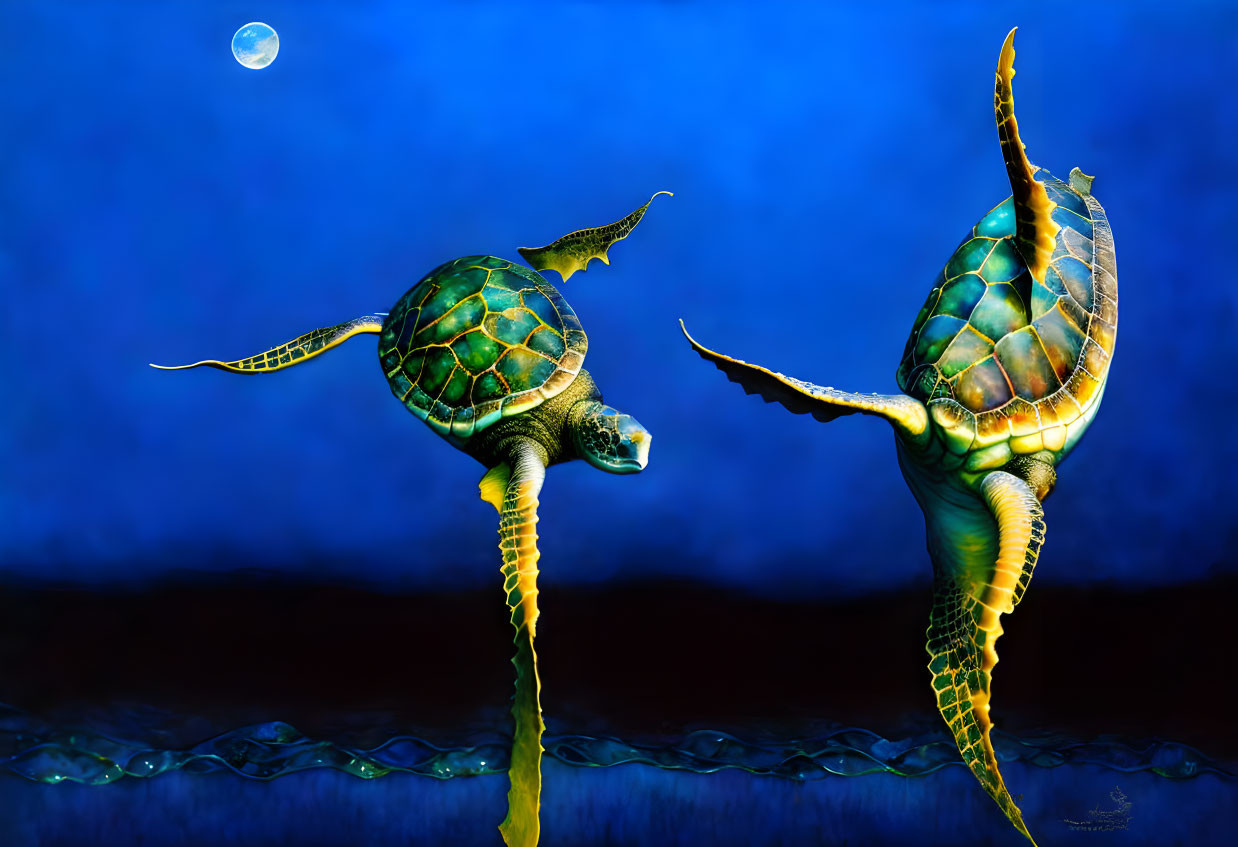 Sea turtles swimming in deep blue ocean with full moon.