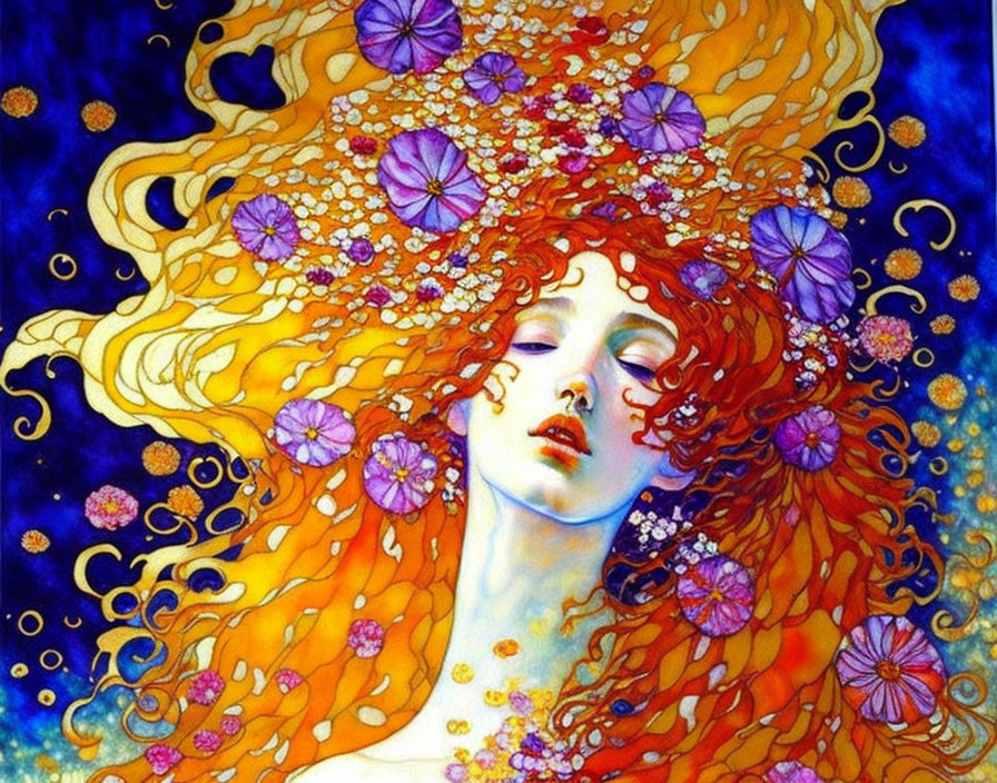 Portrait of Woman with Red Hair and Purple Flowers on Blue Starry Background