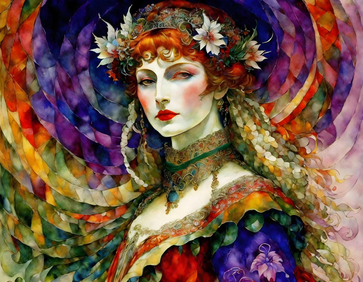 Colorful Watercolor Painting of Woman with Red Hair and Floral Crown