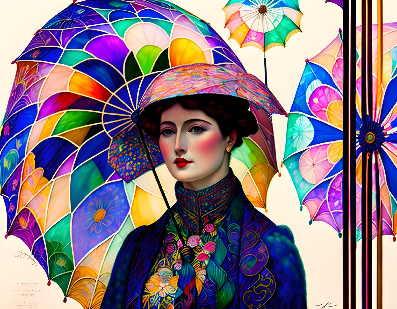 Colorful mosaic umbrella held by woman with porcelain skin among vibrant umbrellas
