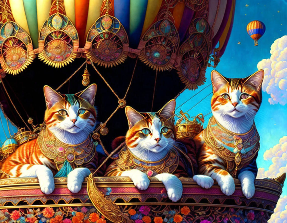 Whimsical Cats in Ornate Outfits on Floating Gondola