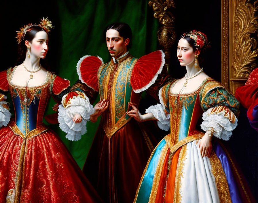 Elaborate Renaissance attire on three individuals against dark green backdrop