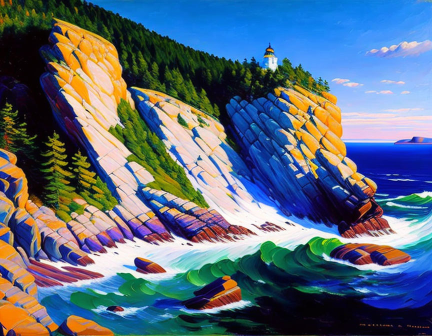 Cliff-side lighthouse painting with ocean view