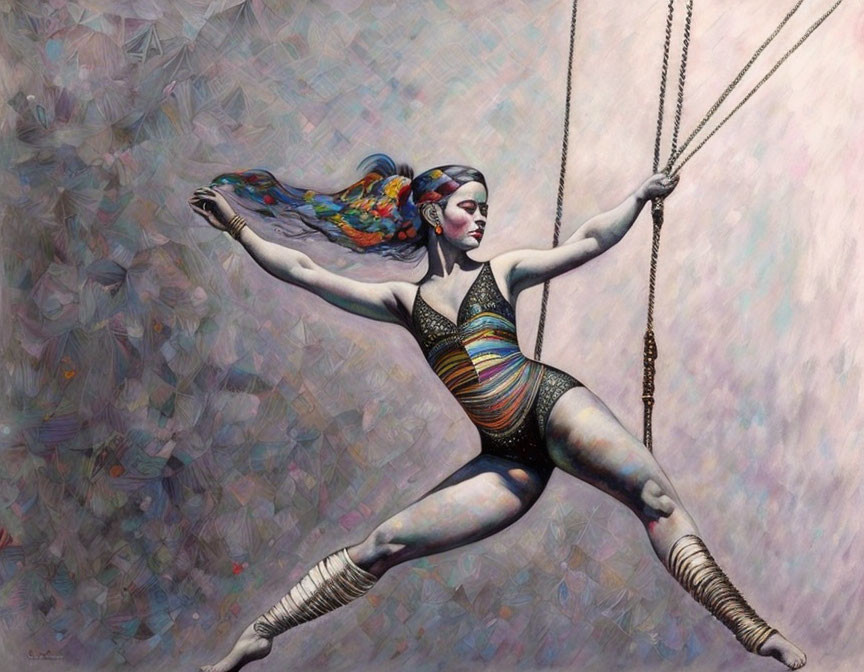 Colorful trapeze performer with vibrant makeup and costume against textured backdrop