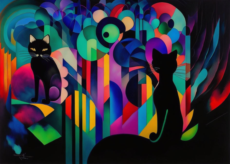 Stylized black cats with whiskers on vibrant geometric background