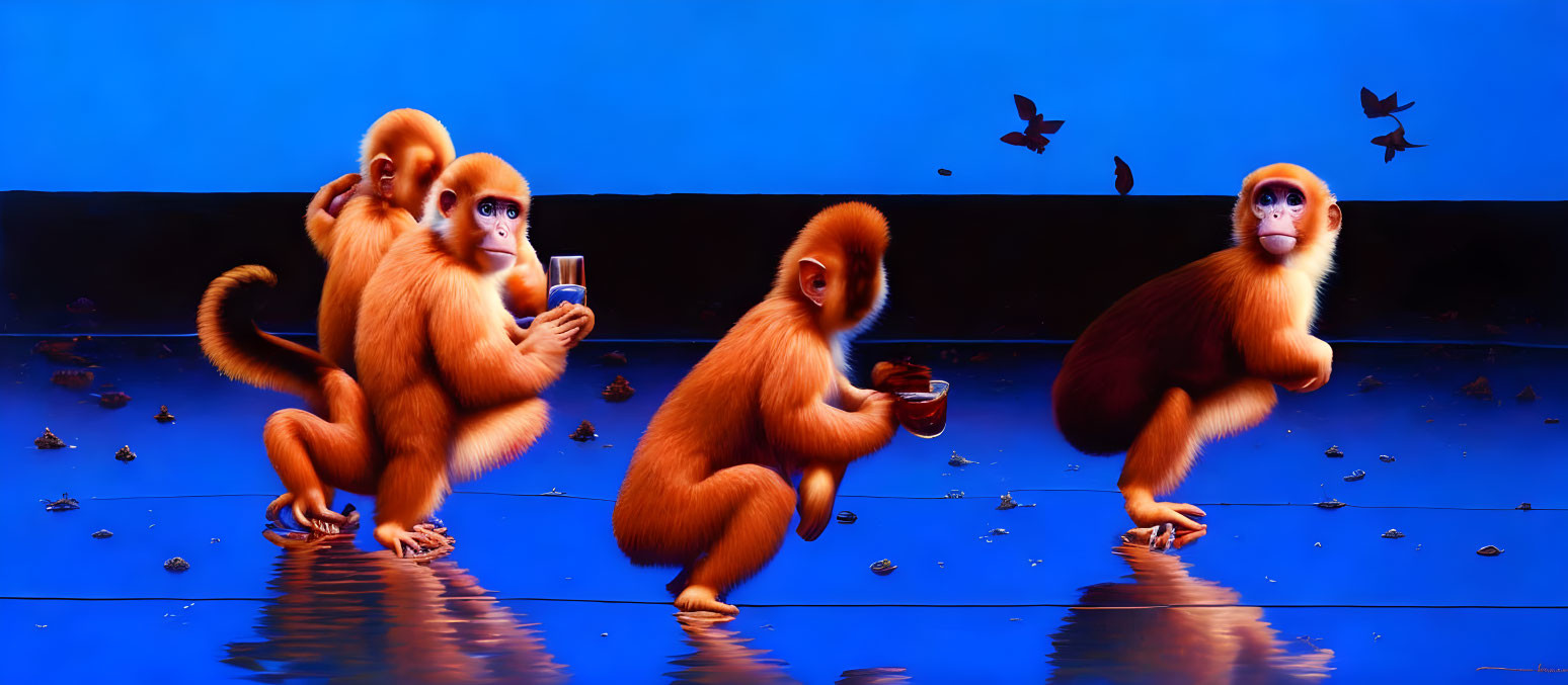 Realistic orange monkeys with cups on water surface under blue background.