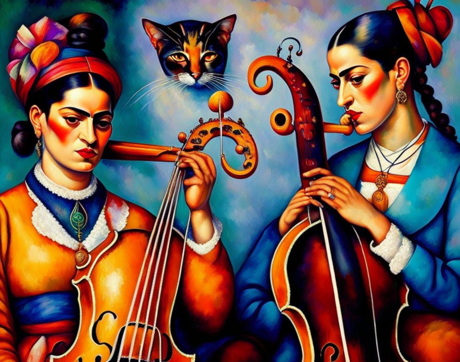 Colorfully dressed women playing violin and cello with surreal cat in vibrant art style