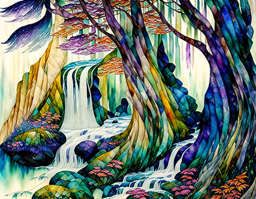 Vibrant Forest Scene with Waterfall and Detailed Textures