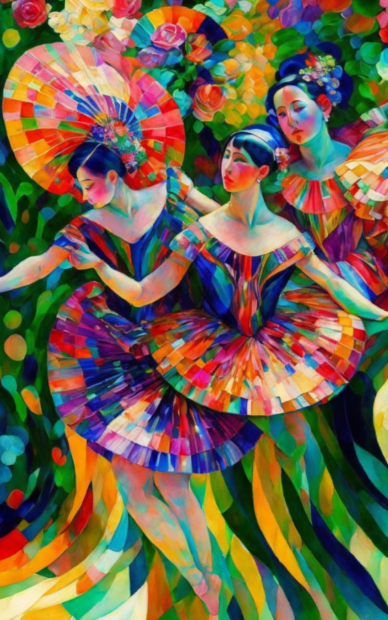 Vibrant impressionistic painting of three women in colorful dresses and floral headdresses.