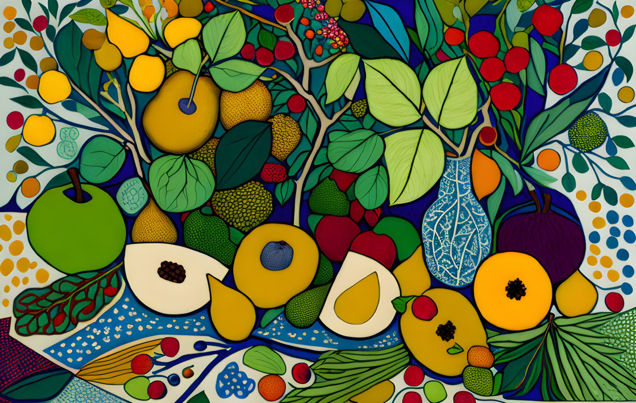 Colorful Fruits and Leaves Illustration with Nature Theme