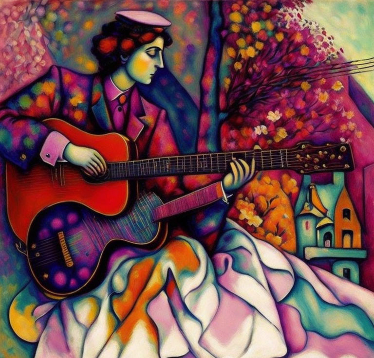 Colorful painting: Person in beret playing electric guitar amid blossoms & house.