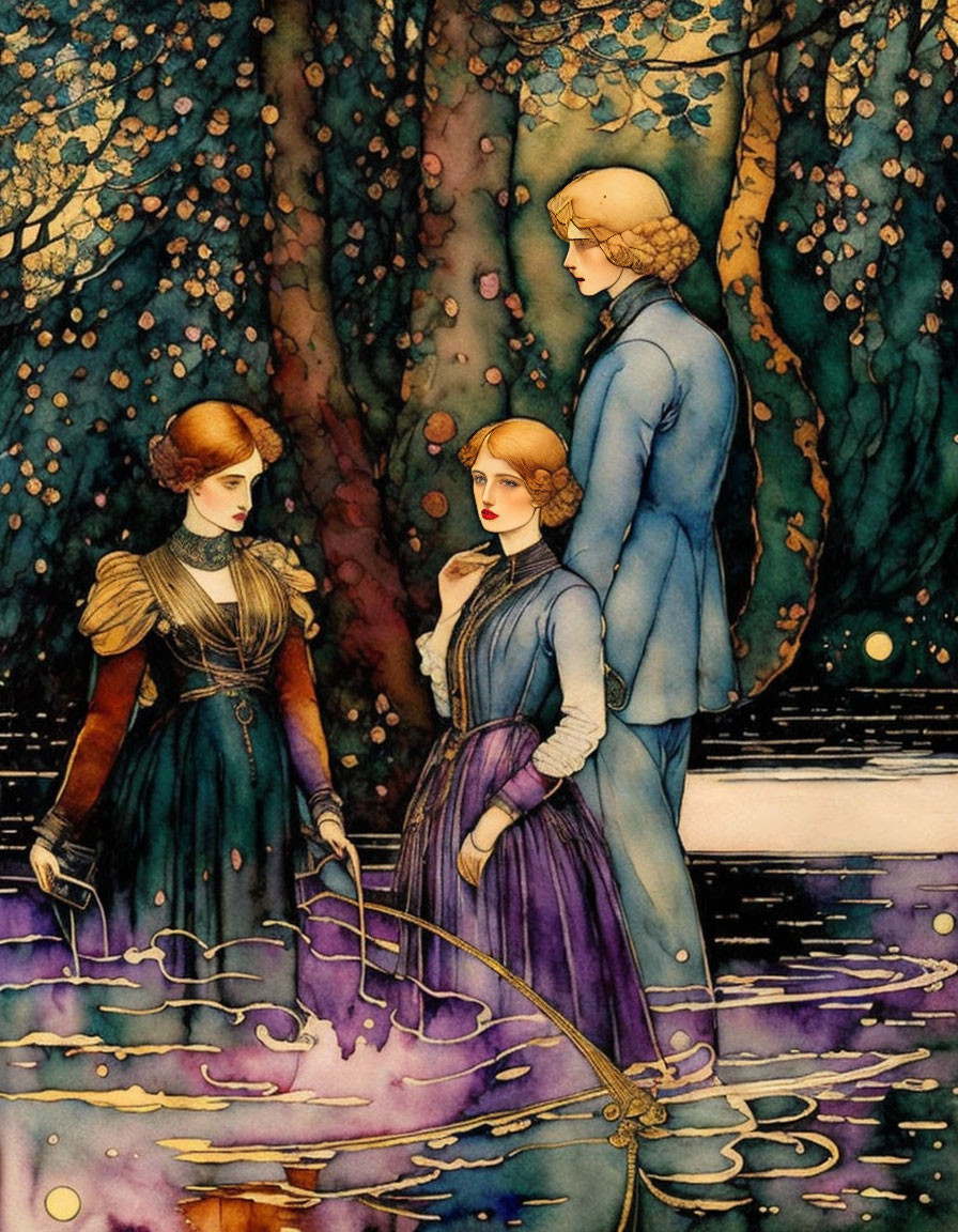 Three individuals in historical attire by reflective water in a forest with golden speckled trees.