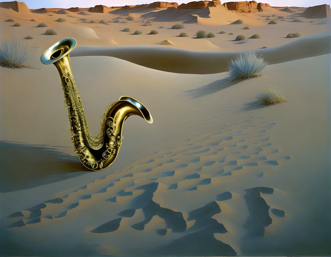 Elongated bell saxophone blends with desert dunes