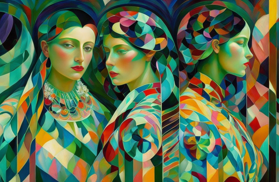 Three vibrant geometric patterned women's portraits side by side