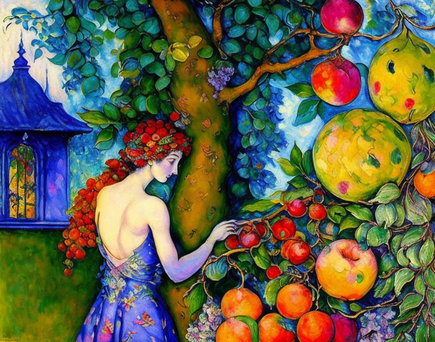 Colorful painting: woman with floral wreath picking fruit by window with blue dome.