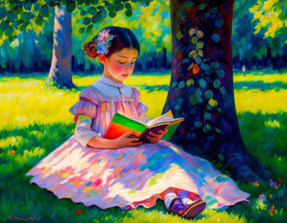 Young girl in white dress reading book in sunny park