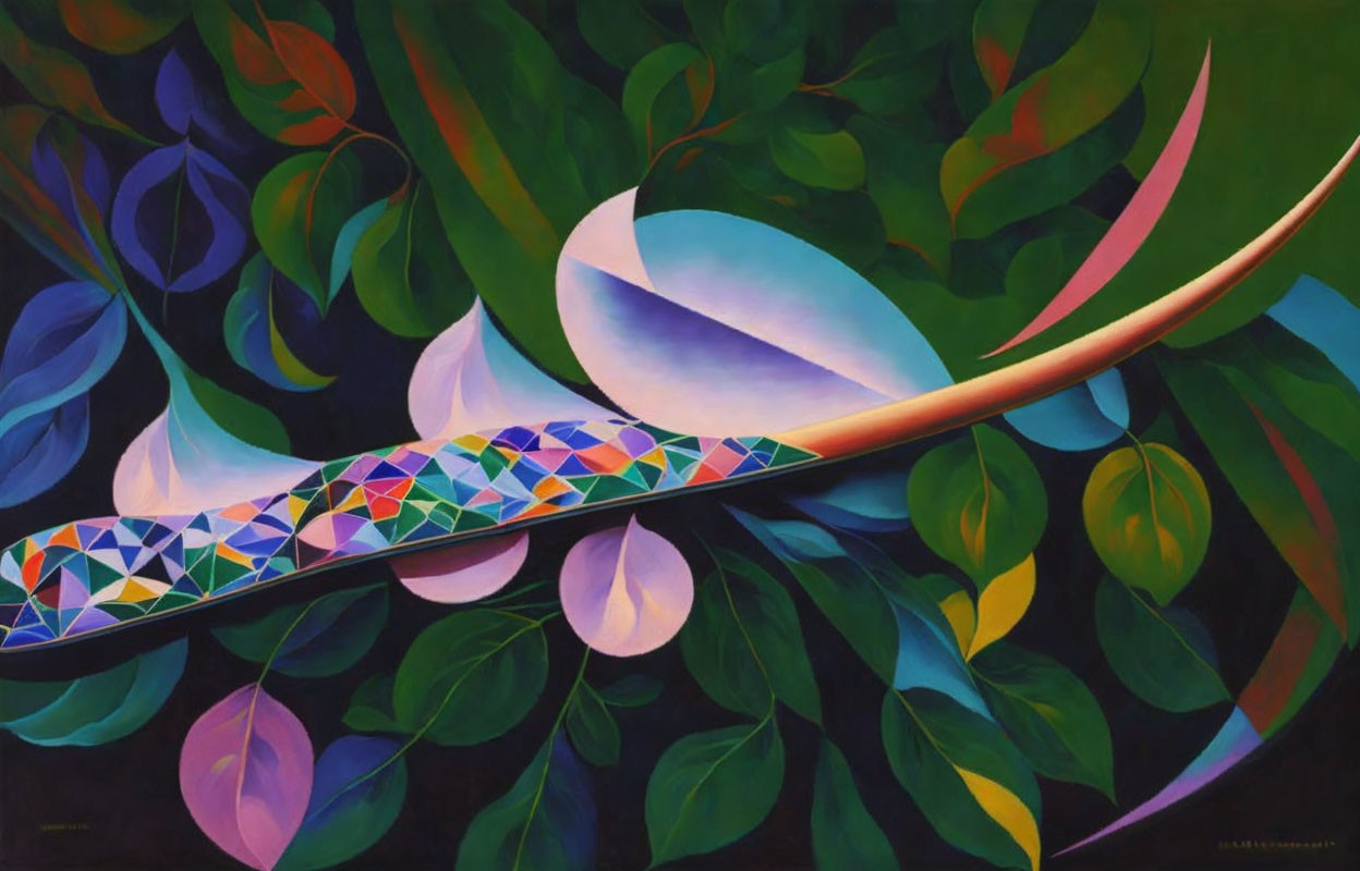 Vibrant abstract painting of feather with geometric patterns