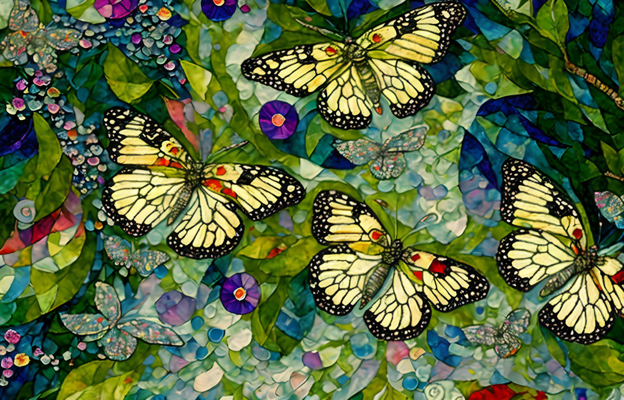 Colorful Stained Glass Image of Four Yellow Butterflies on Mosaic Background