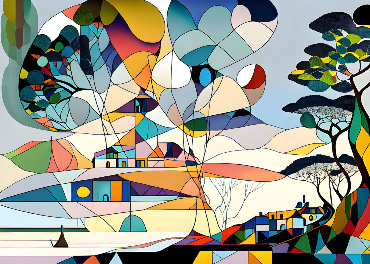 Vibrant abstract landscape with geometric shapes and stylized elements