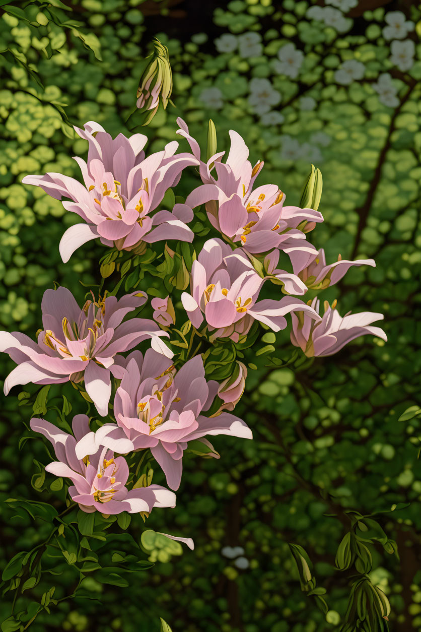 Pink lilies bouquet with green leaves on dappled light background