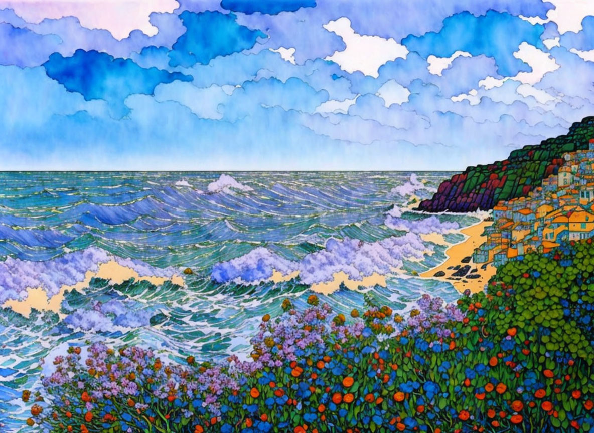 Colorful seaside town illustration with waves, beach, flowers, and cloudy sky
