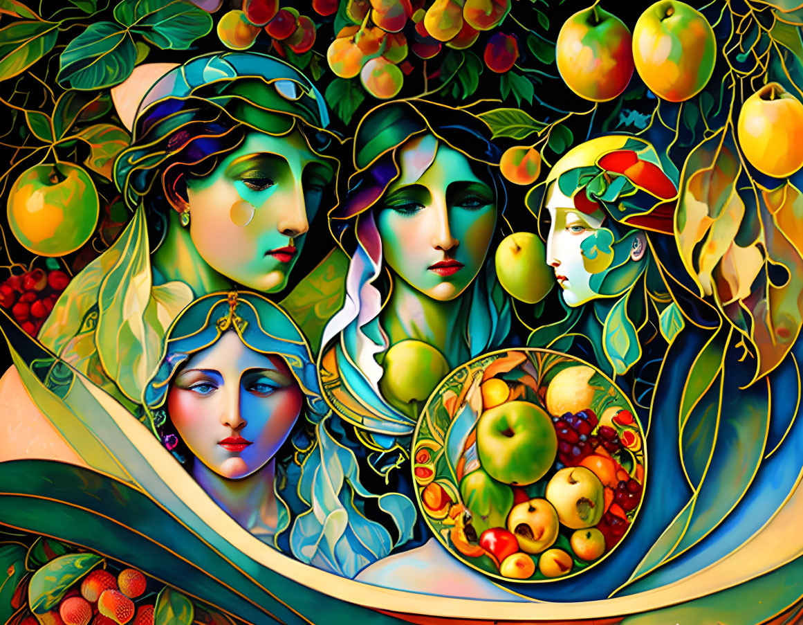 Colorful artwork of four women with stylized features and fruit motif